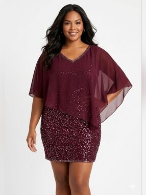 Plus Size Burgundy Sequin Overlay Party Dress